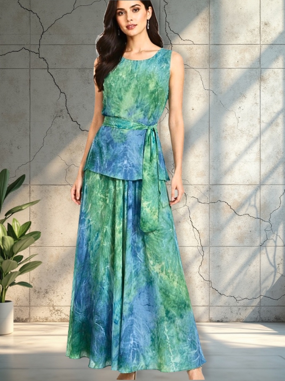 VINTAGE DESIGNER COCKTAIL ATTIRE 3 PC TOP MAXI SKIRT SCARF Blue Green Flowy SZ M